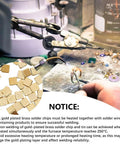 Gold Chip Solder Set 200Pcs 2x2mm 24K Gold Plated Brass Solder Chips with tools, soldering station, and instructions in background