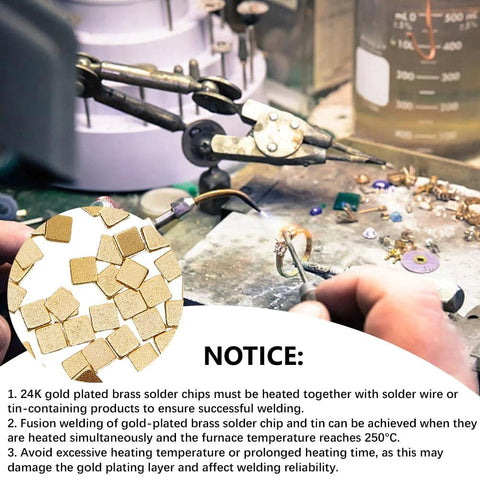 Gold Chip Solder Set 200Pcs 2x2mm 24K Gold Plated Brass Solder Chips with tools, soldering station, and instructions in background