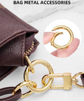 50 Pack 1 Inch Metal Spring O Rings Set With Round Carabiner Clips Snap Hooks For Keychains Purses Shoulder Bags And DIY Crafts In Gold Finish connected to a brown bag.