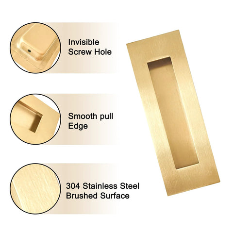 Close-up of gold 7-inch recessed finger flush pulls for pocket doors, highlighting invisible screw hole, smooth edge, and brushed surface.