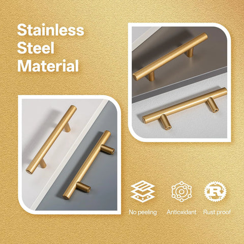 Ten Pack Hollow Stainless Steel Cabinet Handles in Gold Finish, 6 Inch Length with 3.78 Inch Hole Centers, shown on surfaces