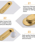 Close-up of Six Piece Brushed Gold Stainless Steel Flush Pull Handles for cabinets and drawers with hidden screws focus
