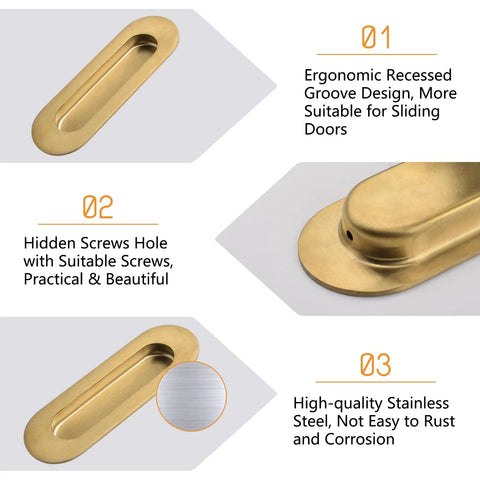 Close-up of Six Piece Brushed Gold Stainless Steel Flush Pull Handles for cabinets and drawers with hidden screws focus