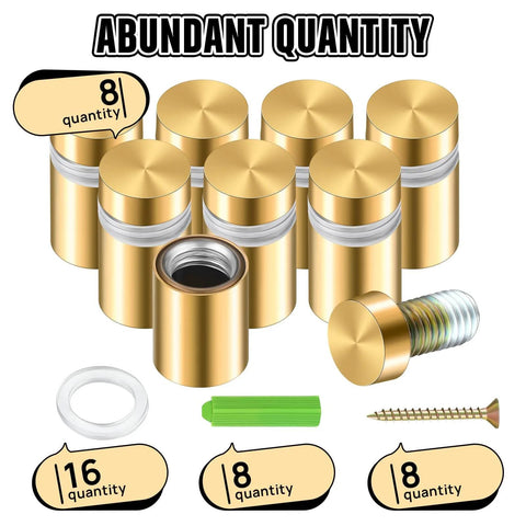 8 Sets Of Stainless Steel Standoff Screws And Mounting Hardware For Advertising Signs And Hanging Acrylic Picture Frames 0.5 Inch By 0.79 Inch Standoff Mounts Include Screws Expansion Anchors For Durable Sign Displays, gold color with components