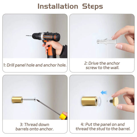 Installation steps for stainless steel gold sign mounting bracket hardware pack of 8 for wall mounting glass and acrylic signs.
