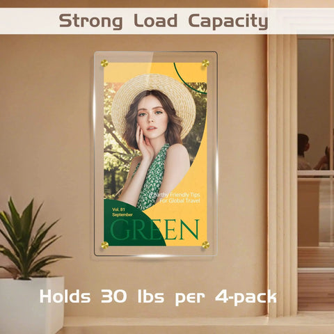 Stainless Steel Gold Sign Mounting Bracket Hardware Pack Of 8 For Wall Mounting Glass And Acrylic Signs Including Sign Standoff Screws Three Quarters Inch By One Inch Brushed Finish For Hanging Acrylic Picture Frames in use, displaying magazine cover in home setting.