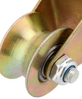 Close-up of gold galvanized steel 10 Pack 2 Inch U Groove Wheel Pulley, Steel U-Type Groove Wheel, Rigid Caster for sliding gate