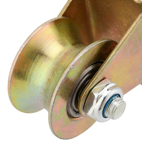 Close-up of gold galvanized steel 10 Pack 2 Inch U Groove Wheel Pulley, Steel U-Type Groove Wheel, Rigid Caster for sliding gate