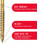 5/16 x 6 Inch RSS Rugged Structural Screws showing CEE THREAD, W-CUT, and FAST BITE TIP for timber construction, gold finish