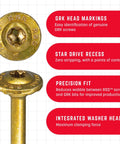 5/16 x 6 Inch RSS Rugged Structural Screws with Star Drive and Integrated Washer, shown with gold finish and branding details