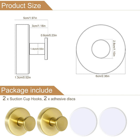 Gold Suction Cup Hooks for Glass Window, dimensions and package contents illustration, includes 2 hooks and 2 adhesive discs, 2 Pack