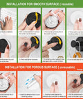 Installation guide for Gold Suction Cup Hooks for Glass Window and Shower showing steps for smooth and porous surfaces