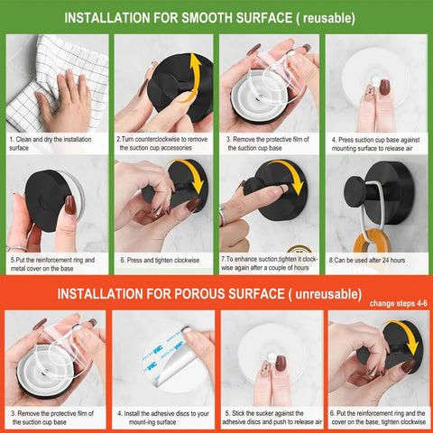 Installation guide for Gold Suction Cup Hooks for Glass Window and Shower showing steps for smooth and porous surfaces
