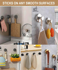 Gold Suction Cup Hooks installed in kitchen, bathroom, and living room, holding towels, loofahs, and bags, showcasing versatility on smooth surfaces.