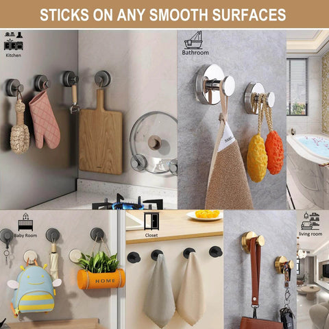 Gold Suction Cup Hooks installed in kitchen, bathroom, and living room, holding towels, loofahs, and bags, showcasing versatility on smooth surfaces.
