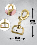 Ten Pack 1 Inch Heavy Duty Swivel Snap Hooks Eye Bolt Clips For Pet Leashes And Bags And Harnesses Gold Tone Three And A Quarter Inch Long Swivel Clasps 360 Degree Rotating Prevent Tangling Rust Resistant Iron Alloy showing measurements and close-up details.