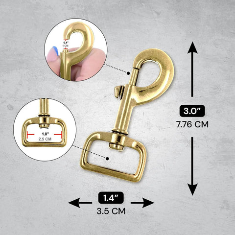 Ten Pack 1 Inch Heavy Duty Swivel Snap Hooks Eye Bolt Clips For Pet Leashes And Bags And Harnesses Gold Tone Three And A Quarter Inch Long Swivel Clasps 360 Degree Rotating Prevent Tangling Rust Resistant Iron Alloy showing measurements and close-up details.