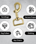 Gold tone swivel snap hook shown with icons for handbags, dog collars, harness projects, clothing, and key chains.
