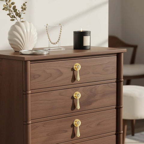 Dresser with Two Pack Solid Brass Cabinet Knobs And Tear Drop Pendant Pulls In Brushed Gold Finish, antique style hardware installed