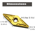 Gold TiN Coated Carbide Inserts Set For MVJNR MVJNL MVVNN Tool Holders VNMG332 VNMG160408 with dimensions labeled in millimeters and inches