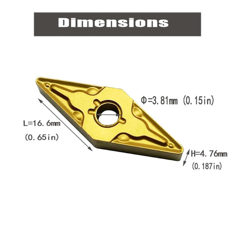 Gold TiN Coated Carbide Inserts Set For MVJNR MVJNL MVVNN Tool Holders VNMG332 VNMG160408 with dimensions labeled in millimeters and inches
