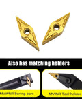 Gold TiN Coated Carbide Inserts Set For MVJNR MVJNL MVVNN Tool Holders, VNMG332, VNMG160408, two matching holders shown