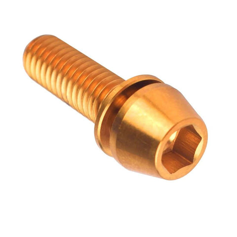 Gold VAMUOEFL Titanium Bolt M5x18mm with tapered head and washer, MTB road bicycle part, close-up view