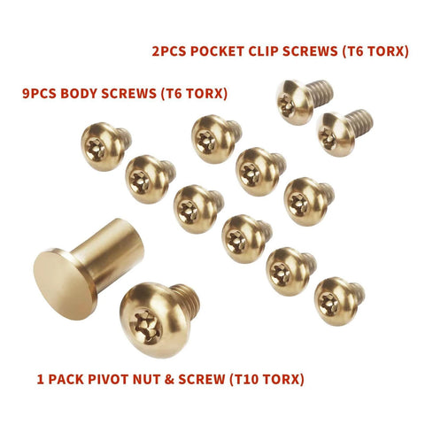 Gold screws and pivot nut for ✝️ HiSpkNix Titanium Screw Set for Benchmade 535 Bugout, 533 Mini Bugout & 537 Bailout hardware kit.