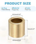 Self-Lubricating Brass Sleeve Bearings 12mm Bore 16mm OD 12mm Length gold tone shown with measurements and material details