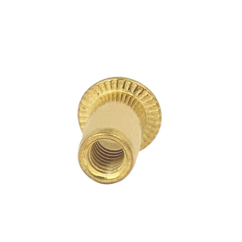 Gold Tone Knurled Rivet Nut Inserts M4 4mm Thread 11mm Length With 8.7mm Flange And 4.7mm Hole, close-up view