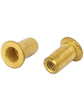 Gold Tone Knurled Rivet Nut Inserts M4 4mm Thread 11mm Length with 8.7mm Flange, side and front view against white background.