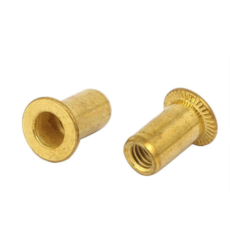 Gold Tone Knurled Rivet Nut Inserts M4 4mm Thread 11mm Length with 8.7mm Flange, side and front view against white background.