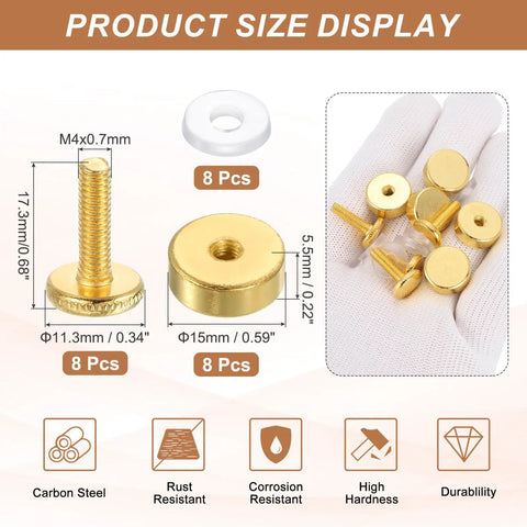Gold Tone M4x0.7 Sign Standoff Screws With Spacers 8 Pack Wall Mount Hardware for Acrylic Glass Signs and Mirrors, Carbon Steel