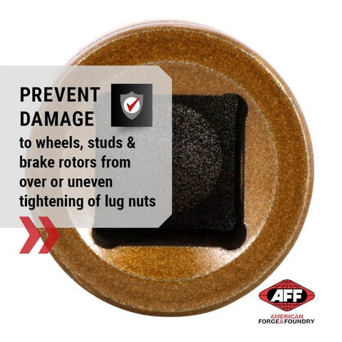 Torque Limiting Extension 1/2" Drive 90 ft/lbs - Gold- 40091, close-up of gold torque limiter head with text highlighting benefits