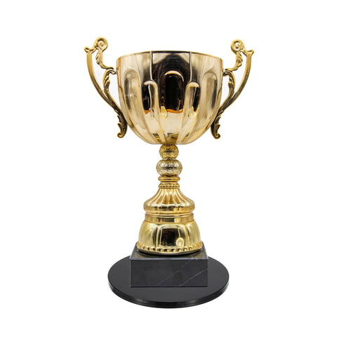 Gold trophy with ornate handles on a black base against a white background