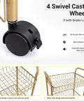 Close-up of 3 Tier Rolling Utility Cart With Mesh Baskets And Gold Finish Easy Assembly, showing swivel caster wheels and mesh baskets.