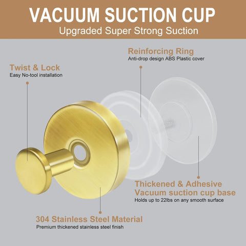 Gold Suction Cup Hooks for Glass Window, showcasing upgraded suction technology and stainless steel finish, easy no-tool installation.