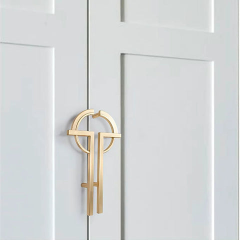 2 Pack Gold Zinc Alloy Cabinet Pulls Modern Minimalist Handle Set on white cabinet