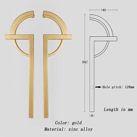 2 Pack Gold Zinc Alloy Cabinet Pulls Modern Minimalist Handle Set with dimensions and gold finish details