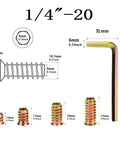 Top Notch Gold Zinc Plated Wood Threaded Inserts Set 100 Pieces One Quarter Inch 20 Threads 15mm Length Hex Drive Nut Inserts for Furniture Assembly DIY Projects Home Office and Woodworking shown with dimensions and Allen wrench