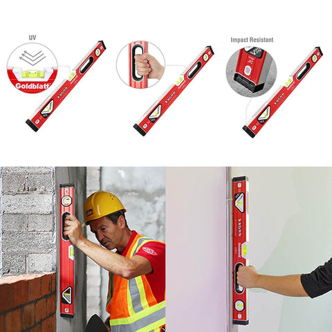 Three Piece Torpedo Level Set With 9, 24, And 48 Inch Aluminum Levels Built Tough For Any Job Site Featuring Verti-Site Side Read Vials in use.