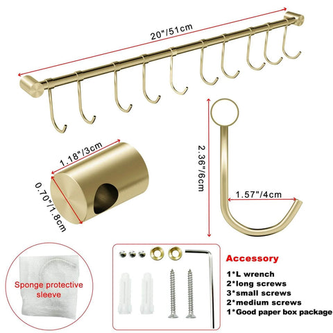 Kitchen Hanging Racks 304 Stainless Steel 20 Inch Rail Utensil Storage Hanger with 10 Pcs Noiseless Sliding Hooks, Golden