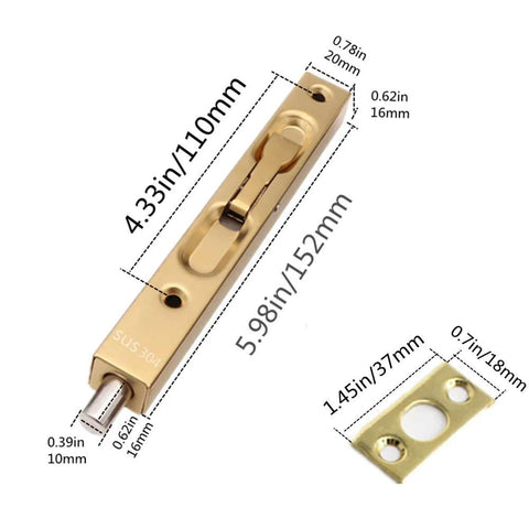 2 Pack Hidden Latch And Bolt Set In 304 Stainless Steel, 6 Inch Security Door Bolt Latch For French Doors, Golden Finish