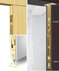 Close-up view of 2 Pack Hidden Latch And Bolt Set In 304 Stainless Steel, 6 Inch Security Door Bolt Latch With Double Door Lever Action Flush Bolt For French Doors, Golden Finish, showing installation details.