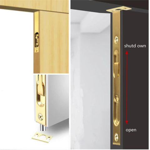 Close-up view of 2 Pack Hidden Latch And Bolt Set In 304 Stainless Steel, 6 Inch Security Door Bolt Latch With Double Door Lever Action Flush Bolt For French Doors, Golden Finish, showing installation details.