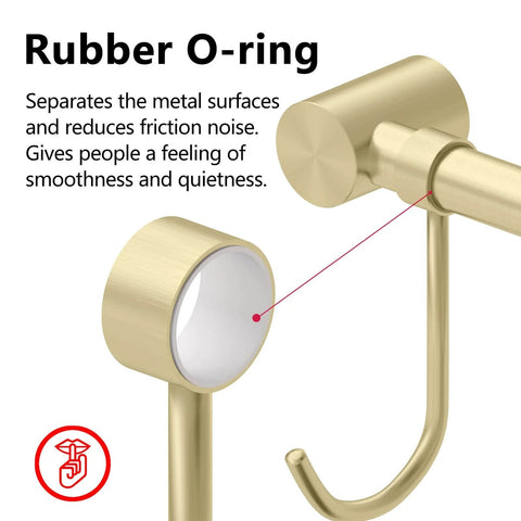 Close-up of golden kitchen hanging racks 304 stainless steel 20 inch rail with rubber O-ring and noiseless sliding hooks.