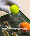 Golf Ball Wall Mount Display For Single Balls With Transparent Acrylic Claw Design and milestone card shown with two golf balls
