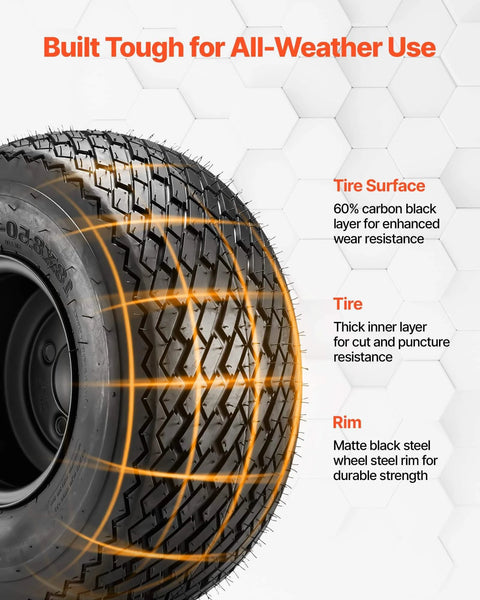 8 Inch Golf Cart Wheels and Tires Combo Set of 4 with 18x8.50-8 All Terrain Rubber Tires, Black Steel Rims, side view
