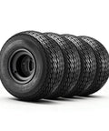 8 Inch Golf Cart Wheels and Tires Combo Set of 4 with 18x8.50-8 All Terrain Rubber Tires, Black Steel Rims, displayed in a row