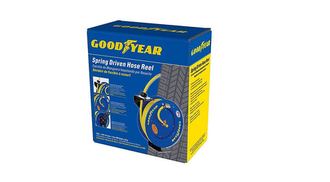 Box packaging of Retractable Air Hose Reel With 3/8 Inch By 50 Foot SBR Rubber Hose, Heavy Duty Industrial Steel, Single Arm Construction